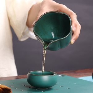 Vintage Unique Peacock Green Flower-shaped Rough Pottery Gongfu Tea Chahai For Sale