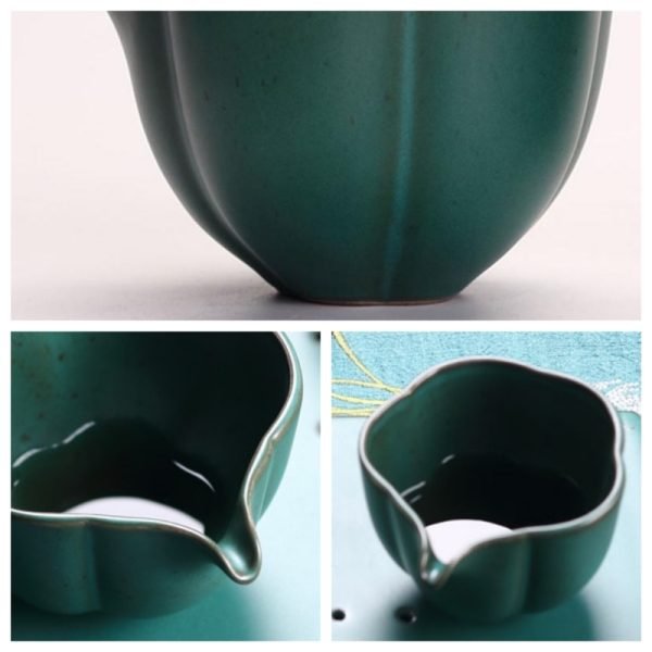 Vintage Unique Peacock Green Flower-shaped Rough Pottery Gongfu Tea Chahai For Sale
