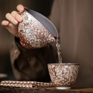 Vintage Zen Aesthetic Ceremony Flourishing Flowers With Silver Gilding Rough Pottery Fair Cup