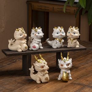 White And Yellow Traditional Ceramic Little Dragon Tea Pet Desk Decoration For Sale