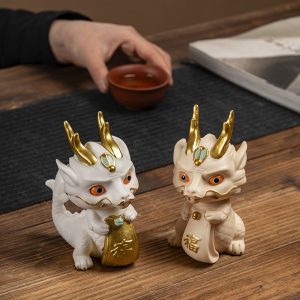 White And Yellow Traditional Ceramic Little Dragon Tea Pet Desk Decoration For Sale