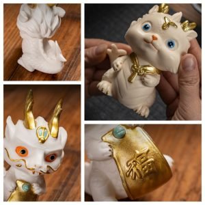 White And Yellow Traditional Ceramic Little Dragon Tea Pet Desk Decoration For Sale