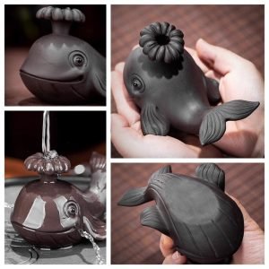 Yixing Traditional Handmade Purple Clay Black And Red Cartoon Cute Whale Squirting Tea Pet
