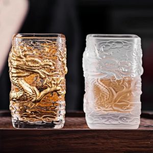 Chinese Creative Coloured Glaze Crysal Gilding Year Of The Dragon Glass Tea Cup With Golden Dragon Auspicious Clouds Figurines