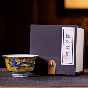 Traditional Imperial Yellow Antique Ceramic Green Dragon Pattern Gongfu Tea Cup