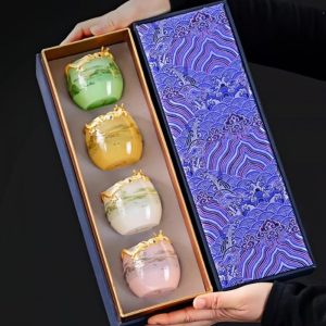 Coloured Glaze A Thousand Mile Of Rivers And Mountains Dragon Tea Cups With Golden Auspicious Dragon Figurine