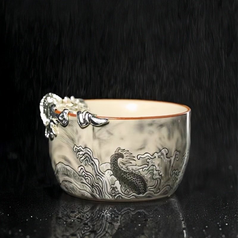 Ru Kiln Chinese Dragon Pattern Master Tea Cup With Silver Auspicious Dragon Figurine Ru Kiln Chinese Dragon Pattern Master Tea Cup With Silver Auspicious Dragon Figurine