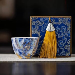 Chinese Vintage Palace Style Firing Decoration Technique Dragon Blue Ceramic Kungfu Tea Cup