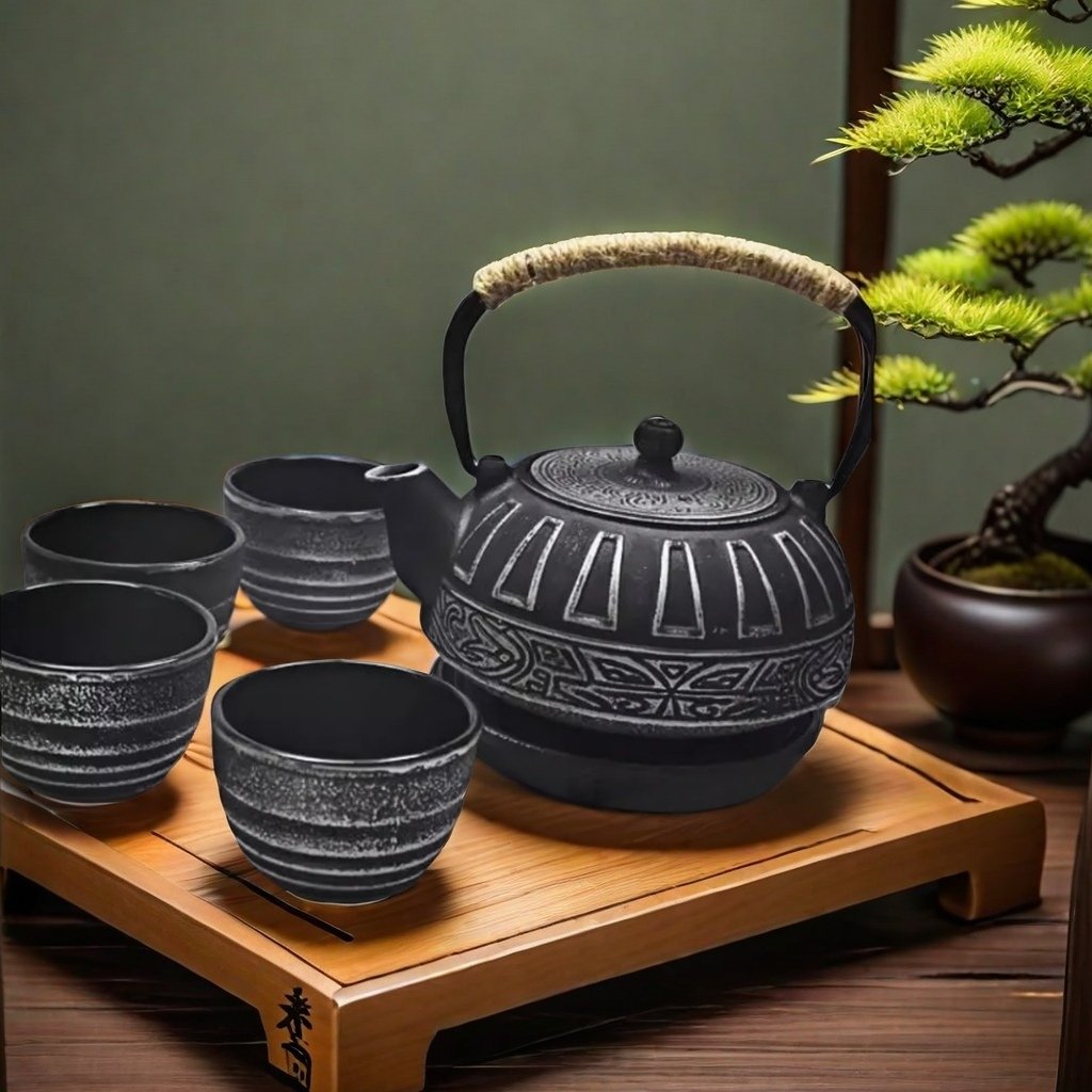 27 Fl Oz Black Antique Pattern Old Cast Iron Tea Kettle And Cups Set For Sale 27 Fl Oz Black Antique Pattern Old Cast Iron Tea Kettle And Cups Set For Sale