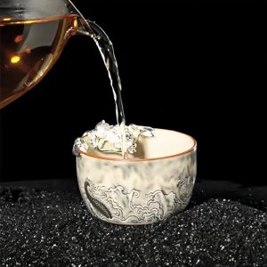 Ru Kiln Chinese Dragon Pattern Master Tea Cup With Silver Auspicious Dragon Figurine