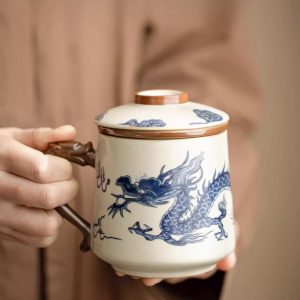 Chinese Beige Ru Kiln Blue And White Dragon Ceramic Ice Crackle Glaze Office Tea Mug With Lid And Ceramic Infuser