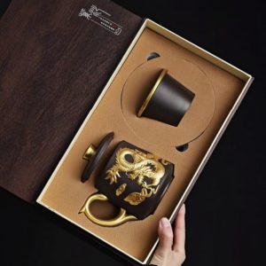 Purple Clay Antique Year Of The Dragon Office Mug Zisha Infuser Tea Cup With Gold Auspicious Dragon Figurines And Saucer