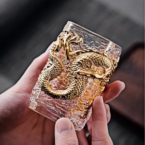 Chinese Creative Coloured Glaze Crysal Gilding Year Of The Dragon Glass Tea Cup With Golden Dragon Auspicious Clouds Figurines
