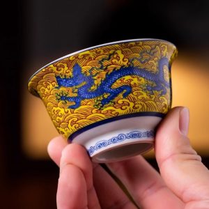 Traditional Imperial Yellow Antique Ceramic Green Dragon Pattern Gongfu Tea Cup