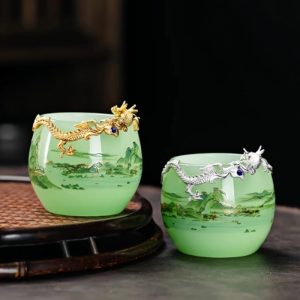 Coloured Glaze A Thousand Mile Of Rivers And Mountains Dragon Tea Cups With Golden Auspicious Dragon Figurine