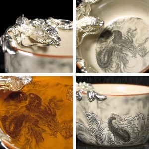 Ru Kiln Chinese Dragon Pattern Master Tea Cup With Silver Auspicious Dragon Figurine