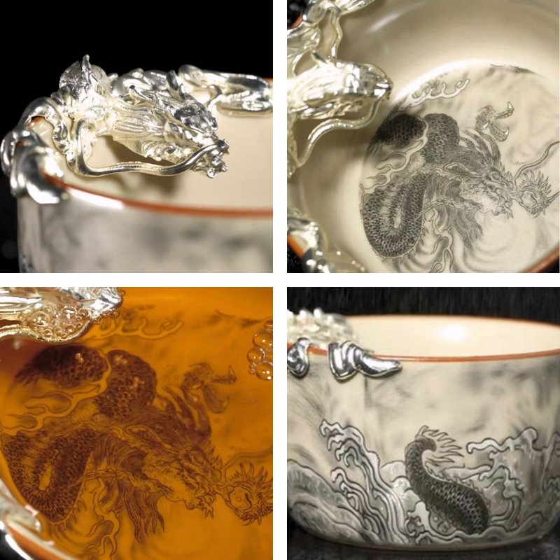 Ru Kiln Chinese Dragon Pattern Master Tea Cup With Silver Auspicious Dragon Figurine Ru Kiln Chinese Dragon Pattern Master Tea Cup With Silver Auspicious Dragon Figurine