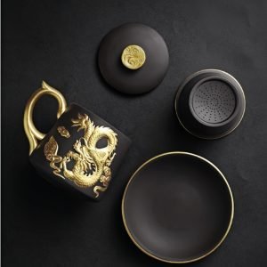 Purple Clay Antique Year Of The Dragon Office Mug Zisha Infuser Tea Cup With Gold Auspicious Dragon Figurines And Saucer