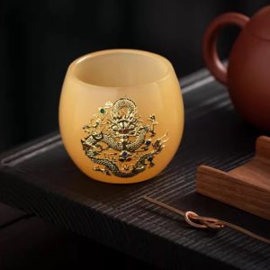 Vintage Gold Inlaid With Jade Coloured Glaze Year Of The Dragon Orange Tea Cup With Gold Auspicious Dragon Figurine