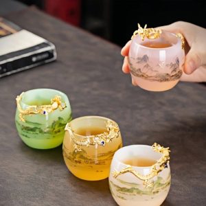 Coloured Glaze A Thousand Mile Of Rivers And Mountains Dragon Tea Cups With Golden Auspicious Dragon Figurine