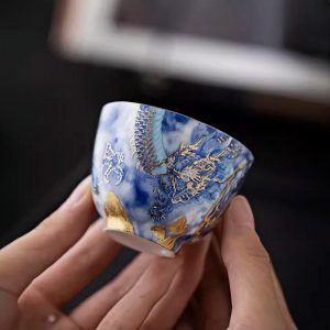 Chinese Vintage Palace Style Firing Decoration Technique Dragon Blue Ceramic Kungfu Tea Cup