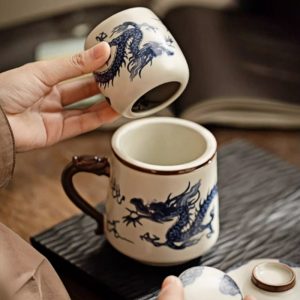 Chinese Beige Ru Kiln Blue And White Dragon Ceramic Ice Crackle Glaze Office Tea Mug With Lid And Ceramic Infuser