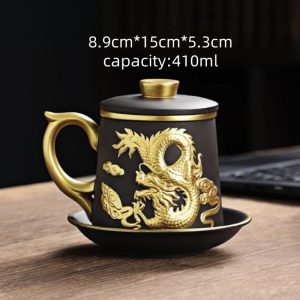 Purple Clay Antique Year Of The Dragon Office Mug Zisha Infuser Tea Cup With Gold Auspicious Dragon Figurines And Saucer