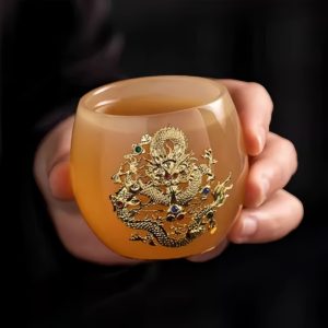 Vintage Gold Inlaid With Jade Coloured Glaze Year Of The Dragon Orange Tea Cup With Gold Auspicious Dragon Figurine