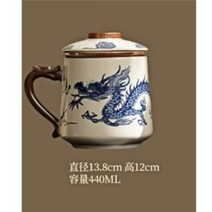 Chinese Beige Ru Kiln Blue And White Dragon Ceramic Ice Crackle Glaze Office Tea Mug With Lid And Ceramic Infuser