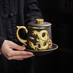 Purple Clay Antique Year Of The Dragon Office Mug Zisha Infuser Tea Cup With Gold Auspicious Dragon Figurines And Saucer