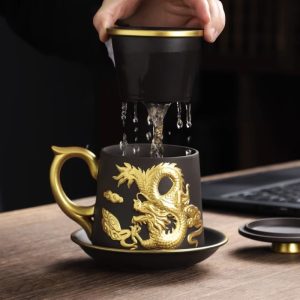 Purple Clay Antique Year Of The Dragon Office Mug Zisha Infuser Tea Cup With Gold Auspicious Dragon Figurines And Saucer