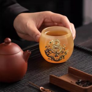 Vintage Gold Inlaid With Jade Coloured Glaze Year Of The Dragon Orange Tea Cup With Gold Auspicious Dragon Figurine