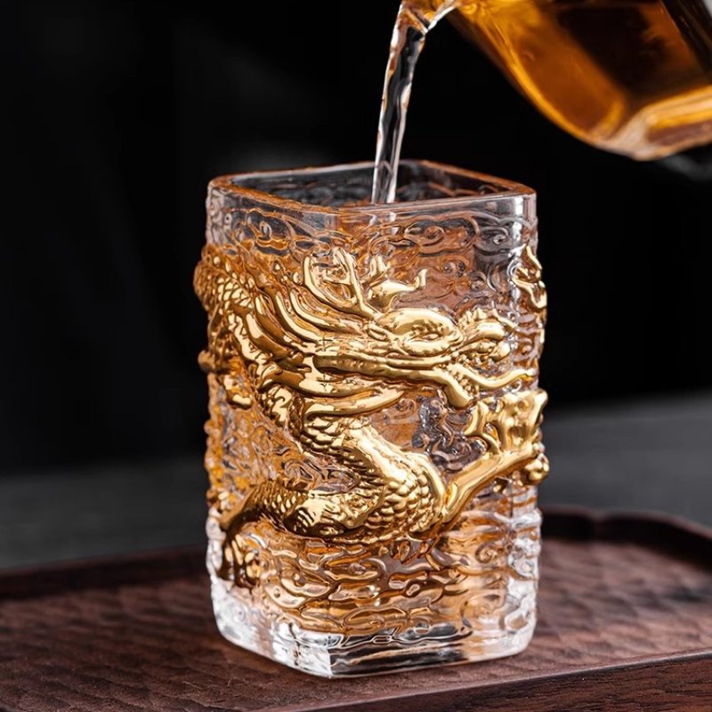 Chinese Creative Coloured Glaze Crysal Gilding Year Of The Dragon Glass Tea Cup With Golden Dragon Auspicious Clouds Figurines Chinese Creative Coloured Glaze Crysal Gilding Year Of The Dragon Glass Tea Cup With Golden Dragon Auspicious Clouds Figurines
