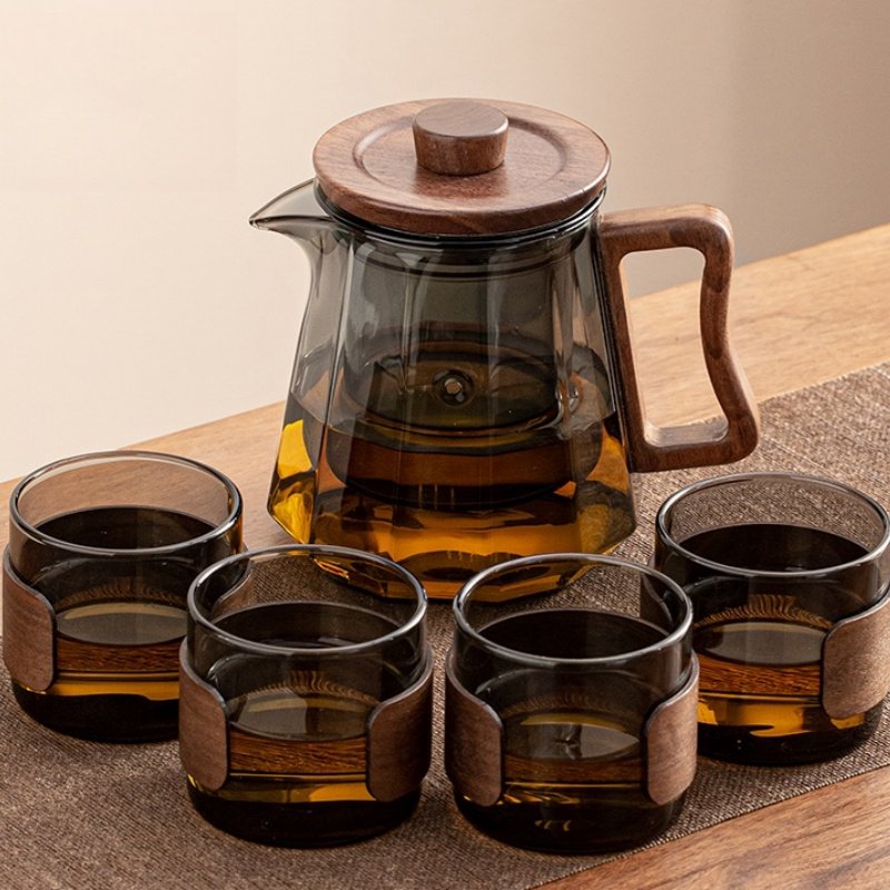Modern Grey And Transparent Clear Glass Tea Sets With Wooden Handle And Lid For Adults Modern Grey And Transparent Clear Glass Tea Sets With Wooden Handle And Lid For Adults