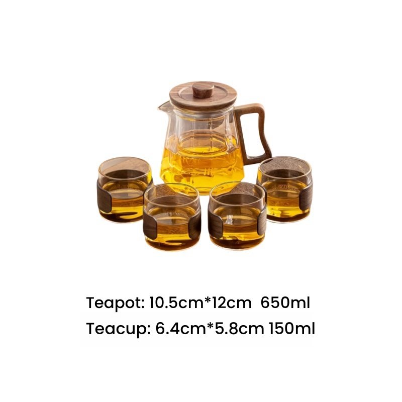 Modern Grey And Transparent Clear Glass Tea Sets With Wooden Handle And Lid For Adults Modern Grey And Transparent Clear Glass Tea Sets With Wooden Handle And Lid For Adults