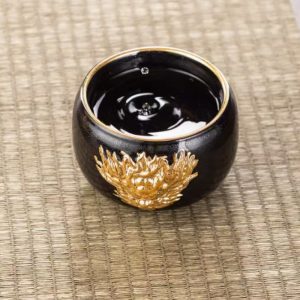 Ceramic Year Of The Dragon Gold Rim Tenmoku Glaze Jianzhan Tea Cup With Gilded Dragon Head Figurine