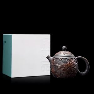 Vintage Black Clay Pottery Relief Chinese Teavana Imperial Dragon Egg Yixing Handmade Teapot