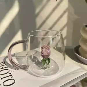 Clear Class Pink Rose Cup Of Tea With Unique Stereoscopic Desert Rose Flower Mug