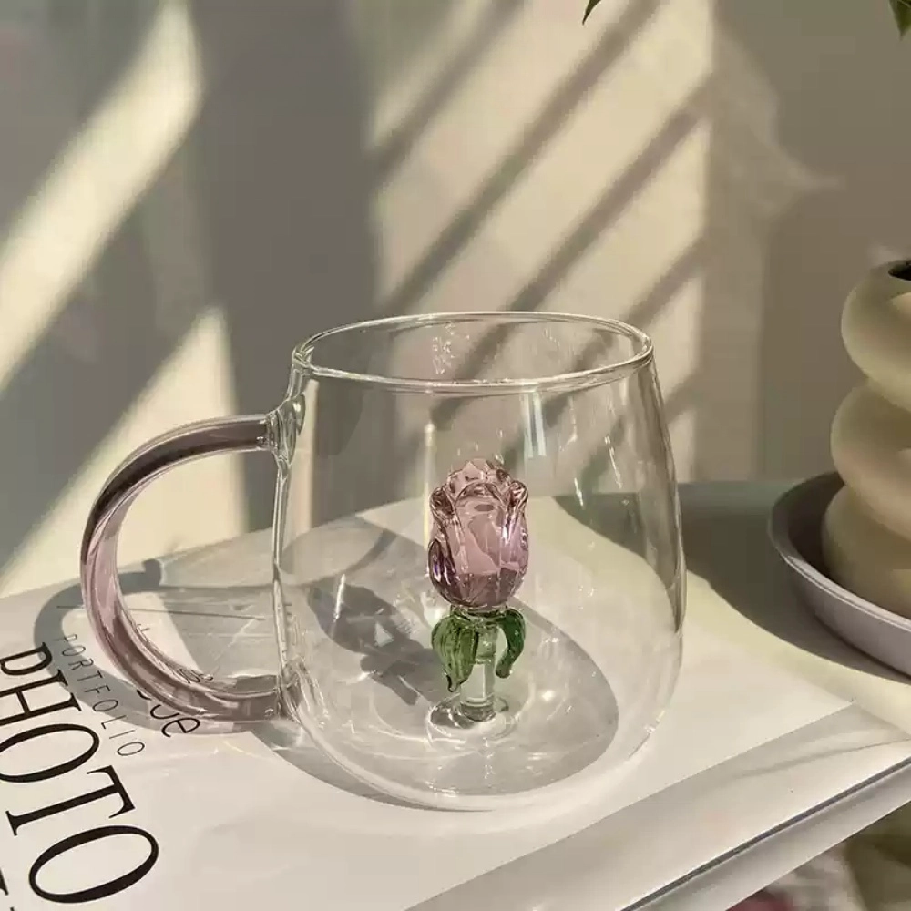 Clear Class Pink Rose Cup Of Tea With Unique Stereoscopic Desert Rose Flower Mug Clear Class Pink Rose Cup Of Tea With Unique Stereoscopic Desert Rose Flower Mug