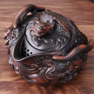 Purple Pottery Vintage Clutch Gongfu Tea Ceremony Teapot Set Relief Chinese Red Dragon