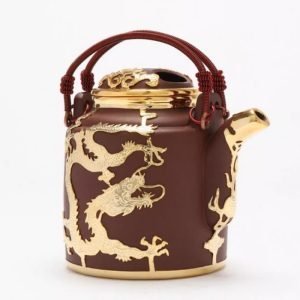 Large Capacity Antique Gold Inlaid Jade Dragon And Phoenix Pattern Lifting Beam Handle Purple Clay Teapot