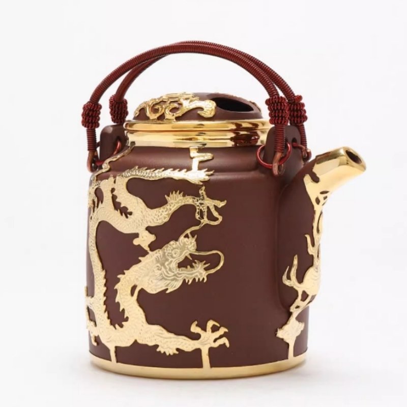Large Capacity Antique Gold Inlaid Jade Dragon And Phoenix Pattern Lifting Beam Handle Purple Clay Teapot Large Capacity Antique Gold Inlaid Jade Dragon And Phoenix Pattern Lifting Beam Handle Purple Clay Teapot