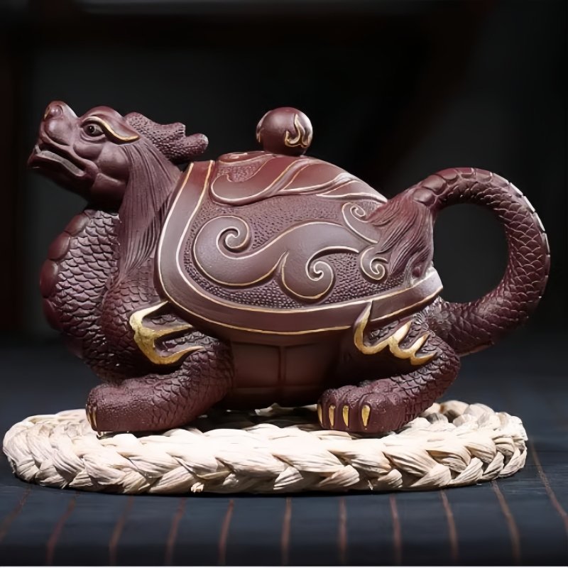 Chinese Gilding Dragon Turtle Shaped Yixing Purple Clay Teapot With Unique Dragon Ball Twist Chinese Gilding Dragon Turtle Shaped Yixing Purple Clay Teapot With Unique Dragon Ball Twist