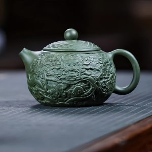 Chinese Vintage Yixing Handcraft Clay Green Auspicious Dragon Handmade Xishi Gongfu Teapot