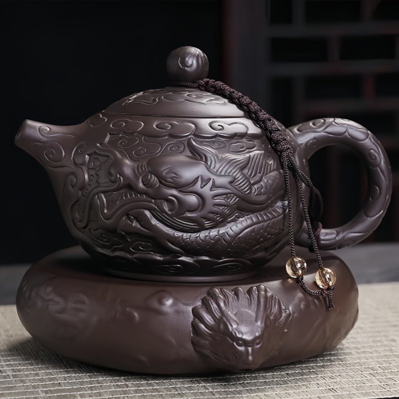 Chinese Antique Yixing Zisha Year Of The Dragon Teapot And Tea Boat Set Relief Auspicious Dragon Pattern Chinese Antique Yixing Zisha Year Of The Dragon Teapot And Tea Boat Set Relief Auspicious Dragon Pattern