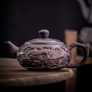 Vintage Purple Pottery Chinese Relief Auspicious Dragon Pattern Teapot With Strainer In Spout
