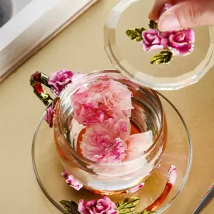 English Colour Enamels Old Country Pink Rose Clear Glass Tea Cup Set With Rose Bush Saucers