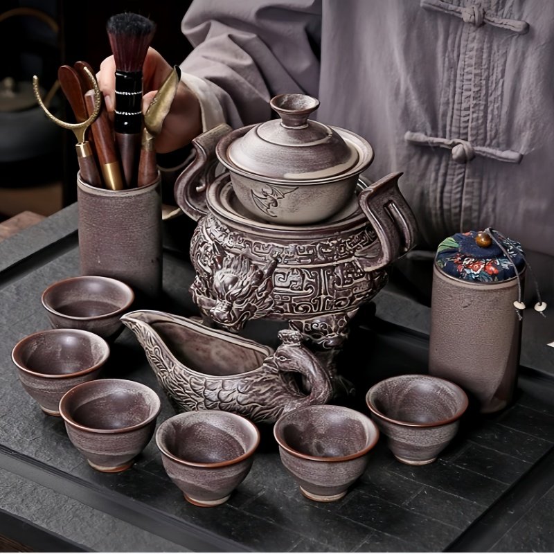 Grey Vintage Chinese Tripod Relief Dragon Head Ware Semi Automatic Ceramic Tea Set Grey Vintage Chinese Tripod Relief Dragon Head Ware Semi Automatic Ceramic Tea Set