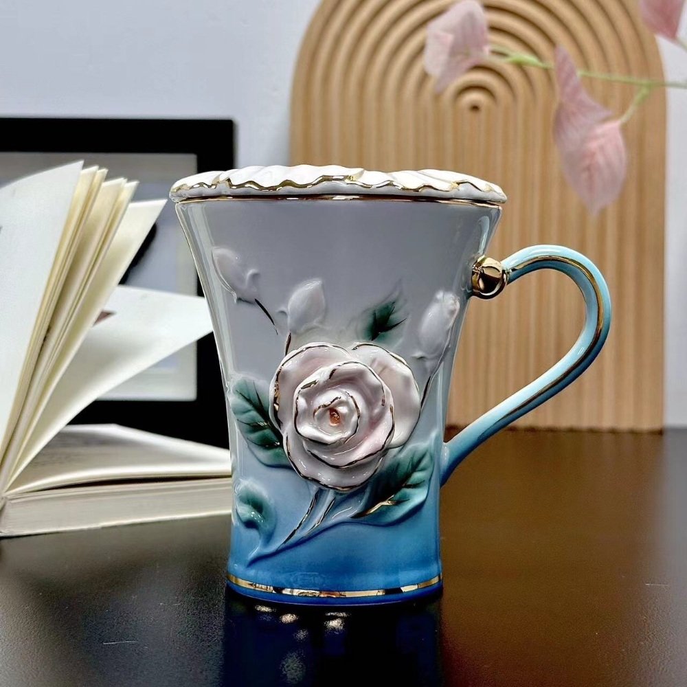Chinese Handcraft Blue Ceramic Tea Mug Cup Set With Relief Red Roses Plant For Sale Chinese Handcraft Blue Ceramic Tea Mug Cup Set With Relief Red Roses Plant For Sale