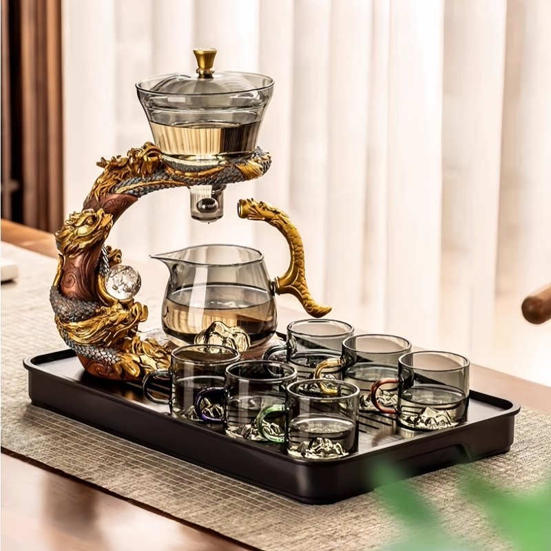 Golden And Grey Glass Vintage Automatic Lazy Tea Set With Stainless Steel Infuser Golden And Grey Glass Vintage Automatic Lazy Tea Set With Stainless Steel Infuser
